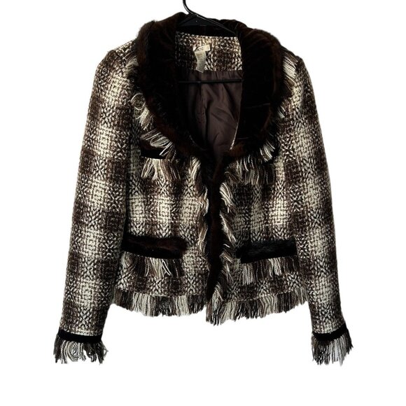 Caché Jackets & Blazers - Cache Blazer Velvet/ fur trimmed Dark brown and Ivory Tweed Blazer.sz 8 Vtg